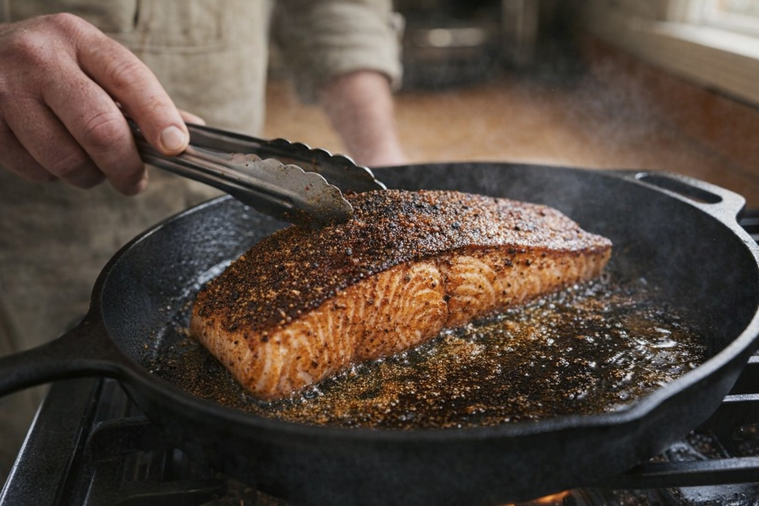 A close-up shot of a chef pan-searing a Cajun-seasoned salmon fillet in a cast iron skillet, the skin is crispy and golden brown, with visible spices clinging to the fish